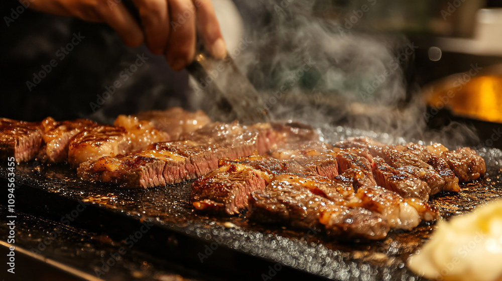 A butcher preparing an upscale meat dish by carefully searing a tender steak in a hot skillet, with emphasis on the sizzling sounds and caramelization of the meat. A butcher preparing an upscale meat dish by carefully searing a tender steak in a hot skillet, with emphasis on the sizzling sounds and caramelization of the meat.