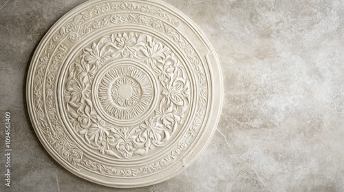 Wallpaper Mural Intricately engraved circular stone tile featuring ornate floral designs against a soft textured background Torontodigital.ca