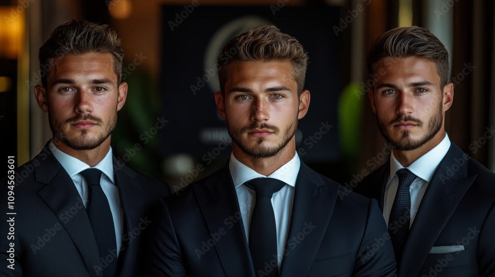 Three men in suits and ties pose for a photo. Concept of professionalism and formality, as the men are dressed in business attire. The three men are standing close together Three men in suits and ties pose for a photo. Concept of professionalism and formality, as the men are dressed in business attire. The three men are standing close together