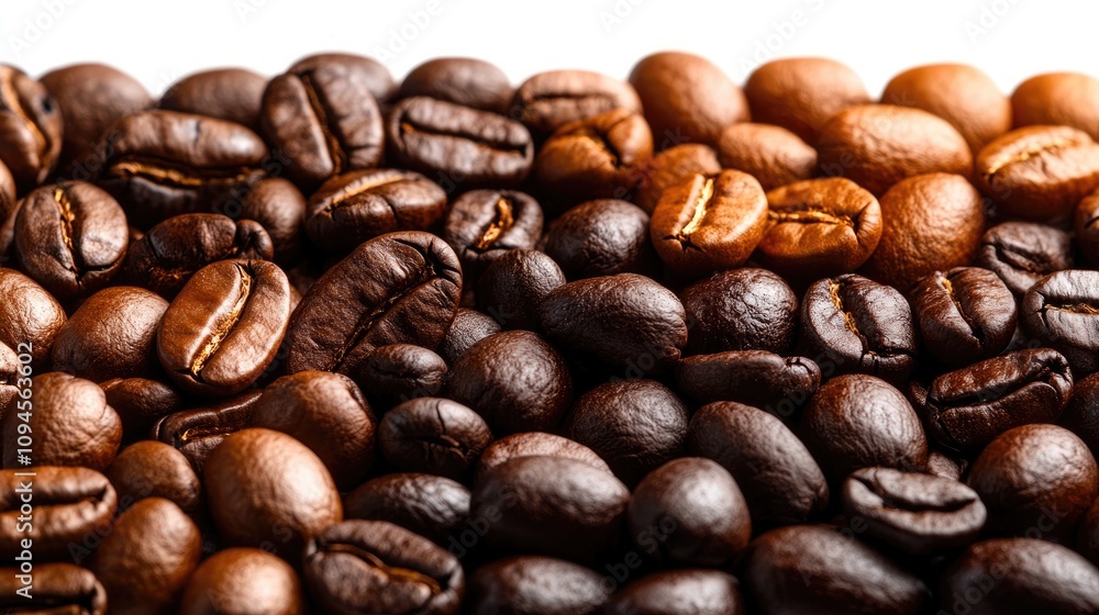Naklejka premium Freshly Roasted Coffee Beans Varied in Color and Texture on a Bright White Background, Showcasing High-Quality Detail and Rich Aroma