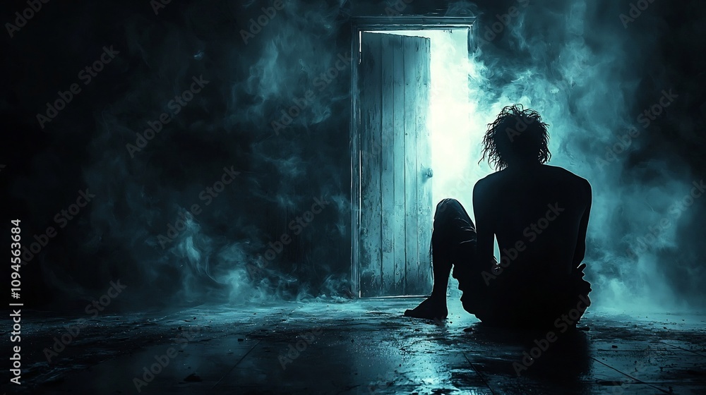 Obraz premium Solitary Figure Sitting in Dark Room Stares at Closed Door Symbolizing Hopelessness and Isolation