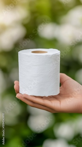 Hand holding a roll of white toilet paper in a bright indoor space surrounded...