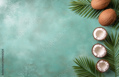 Coconuts and tropical leaves arranged on a light blue background for a fresh ...