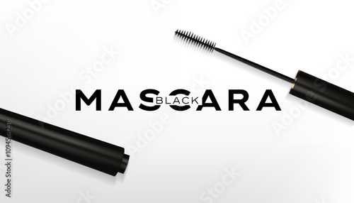 A 3D vector banner showcasing a realistic mascara tube with a brush applicator, isolated on a white background. Elegant design perfect for beauty advertisements, cosmetics, and feminine care. Not AI
