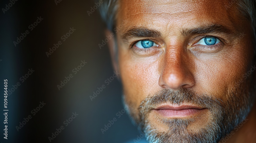 Man with a beard and blue eyes. He is looking at the camera. The image has a calm and relaxed mood Man with a beard and blue eyes. He is looking at the camera. The image has a calm and relaxed mood