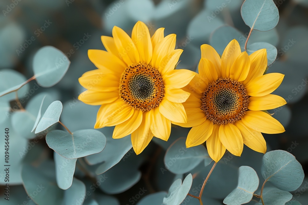 Naklejka premium Two bright yellow sunflowers with green leaves.