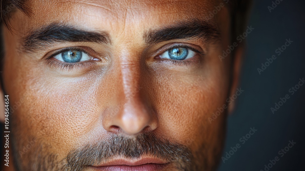 Obraz premium Man with a beard and blue eyes. The man has a blue eye shadow on his eye