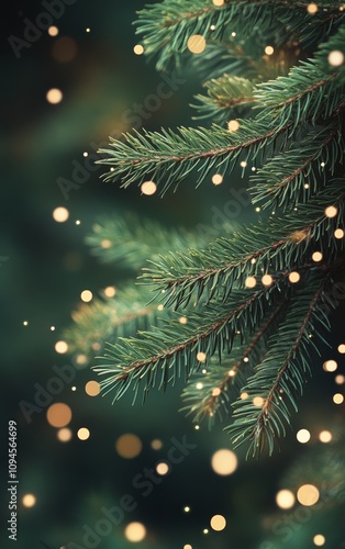 Twinkling festive lights and evergreen branches create a cozy holiday atmosphere
