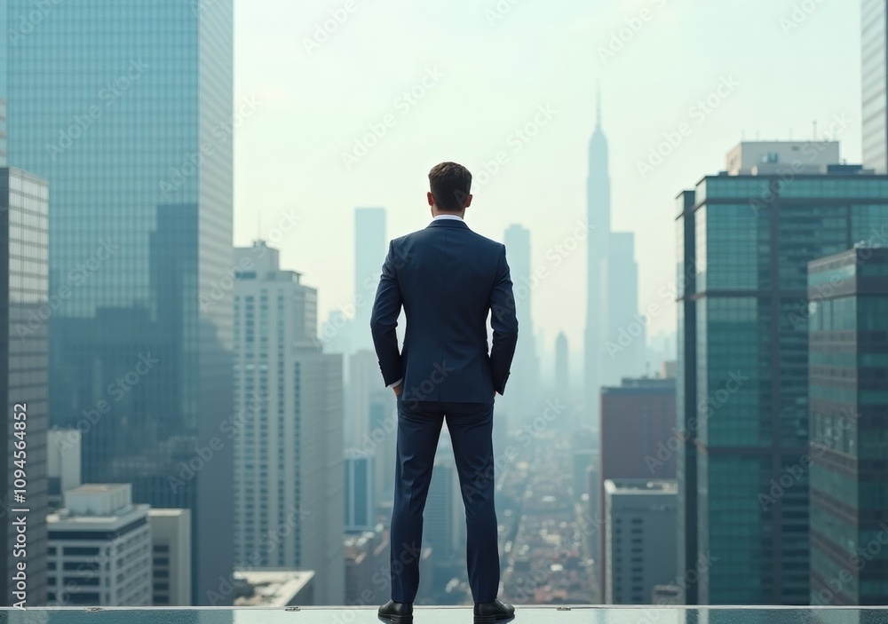 Business executive overlooking a city skyline during daytime from a rooftop terrace Business executive overlooking a city skyline during daytime from a rooftop terrace