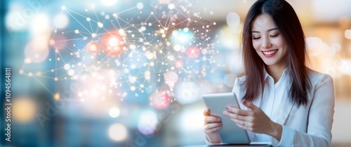 Young woman smiles while using tablet in bright modern setting during daytime...