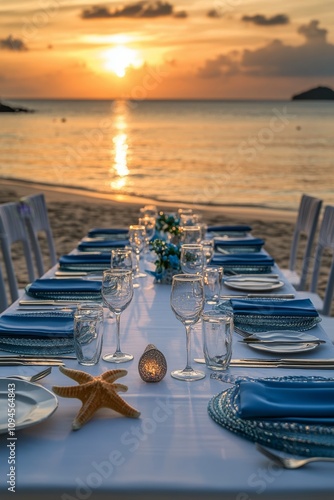 Elegant beachside dinner setup at sunset with decorated tables and coastal sc...
