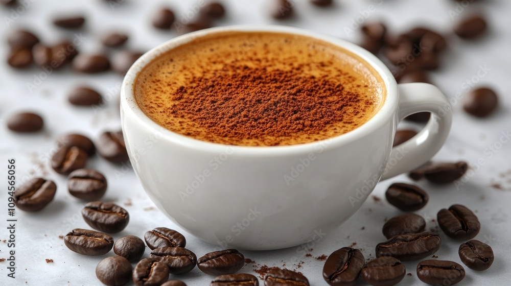Espresso cup with cocoa powder, surrounded by coffee beans. Espresso cup with cocoa powder, surrounded by coffee beans.