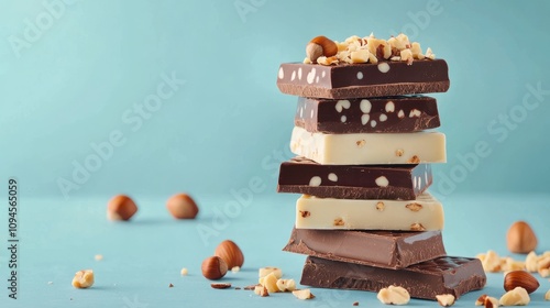 Stacked chocolate bars with nuts arranged on a teal background during a brigh...