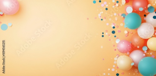 Colorful balloons and confetti arranged on a soft pastel background for a fes...