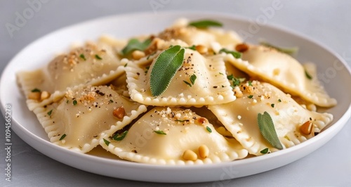 Fresh ravioli served with sage and pine nuts on a white plate in a bright kit...