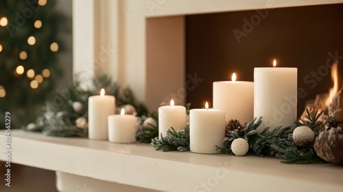 Elegant holiday decor with a festive garland and glowing candles arranged on a mantel, creating a warm and inviting seasonal atmosphere.