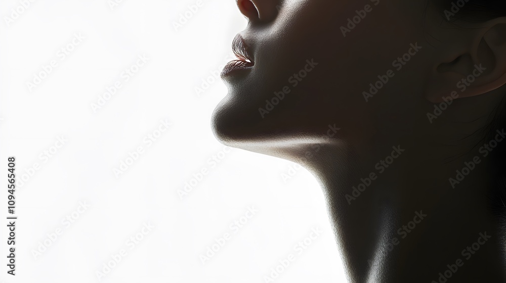 32. A profile view of a female face, emphasizing the neck and jaw, on a white background 32. A profile view of a female face, emphasizing the neck and jaw, on a white background
