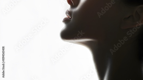 32. A profile view of a female face, emphasizing the neck and jaw, on a white background