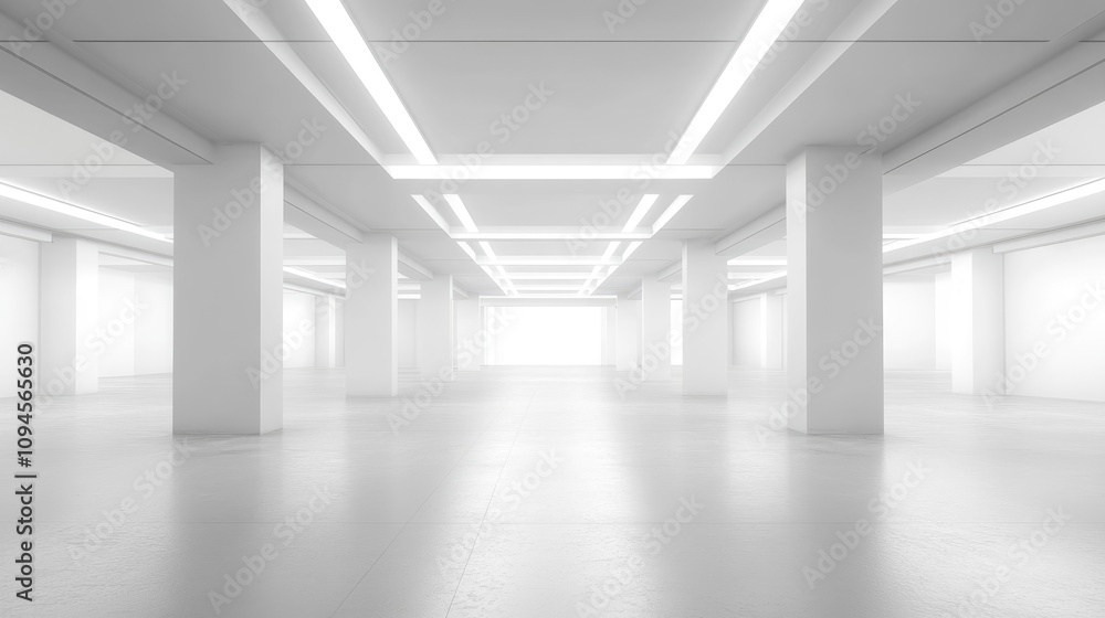 Spacious and well-lit empty underground parking garage featuring clean white walls and a smooth floor, ideal for various text placements. Spacious and well-lit empty underground parking garage featuring clean white walls and a smooth floor, ideal for various text placements.