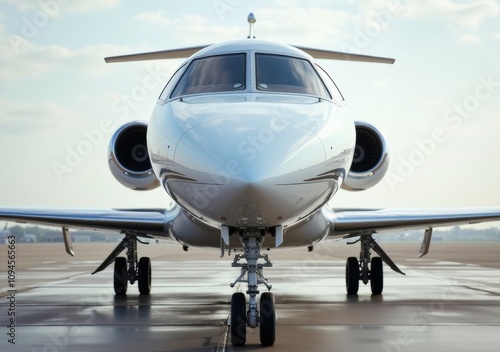 Private jet preparing for takeoff on runway at an airport in clear weather photo