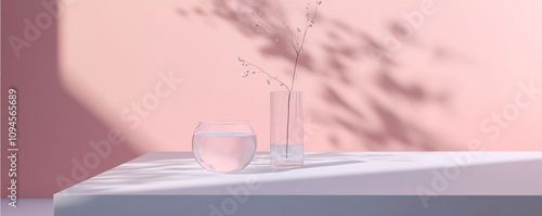 Minimalist pink backdrop displaying empty fishbowl and vase with decorative branch