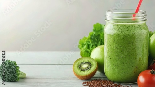 Healthy green smoothie with fresh ingredients on a wooden surface
