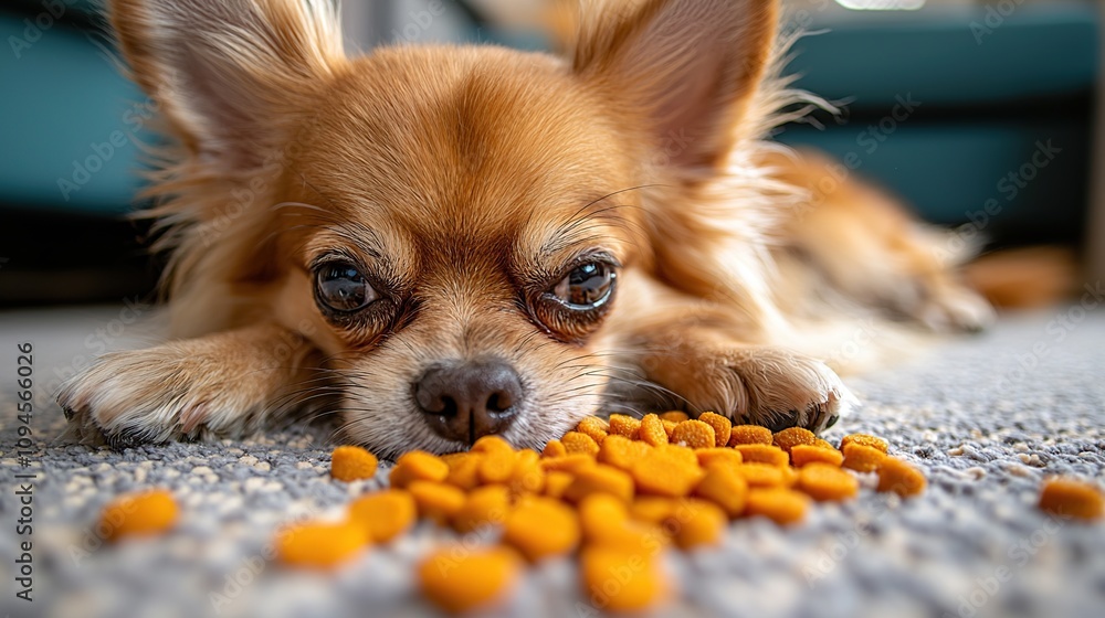 Adorable Chihuahua Puppy Resting Near Its Food Bowl Adorable Chihuahua Puppy Resting Near Its Food Bowl