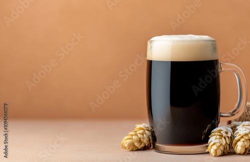 Dark beer served in a frosty mug with hops on a rustic surface