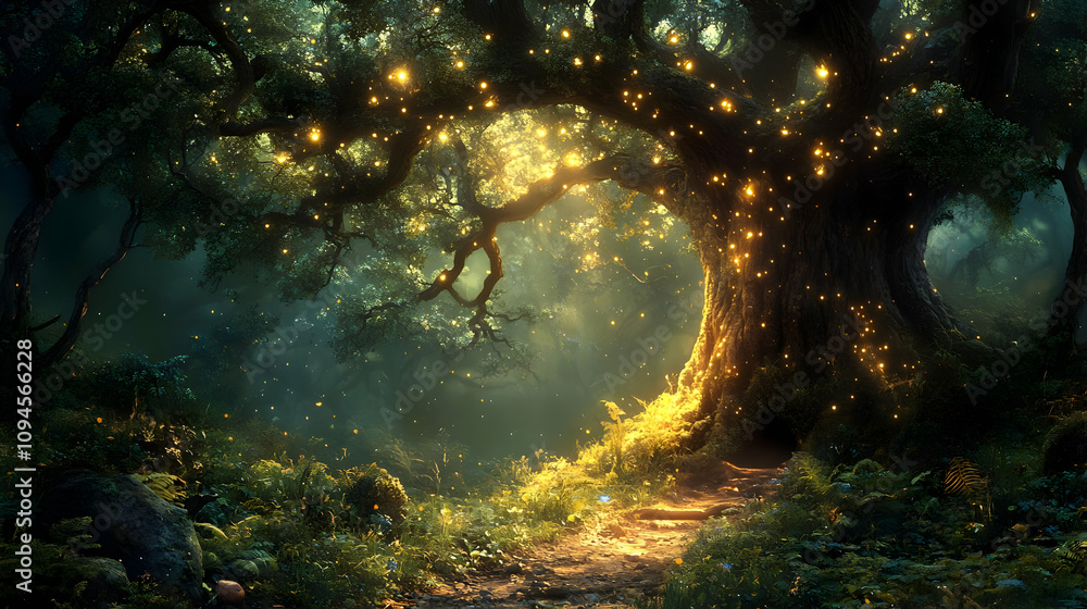 Obraz premium Enchanted Forest Illustration with Glowing Tree