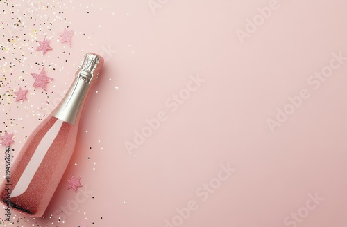 Celebratory drink with pink background and colorful confetti scattered around