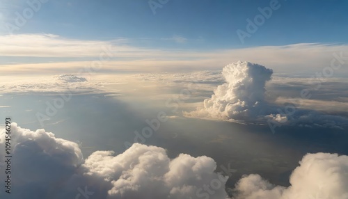 A breathtaking view of soft white clouds floating under a bright blue sky as seen through the window of an airplane, showcasing the beauty of aerial travel and the tranquility of the skies.