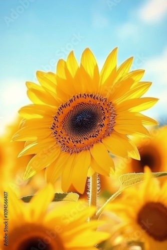 Sunflower blooming in vibrant field under bright blue sky during midday