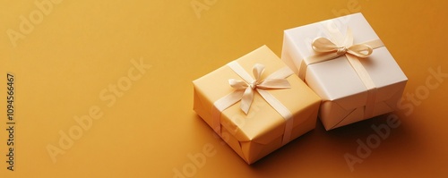 Two gift boxes wrapped with beige ribbon bow on orange background