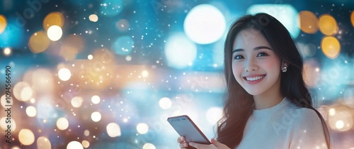 Young woman smiles while using tablet in bright modern setting during daytime...