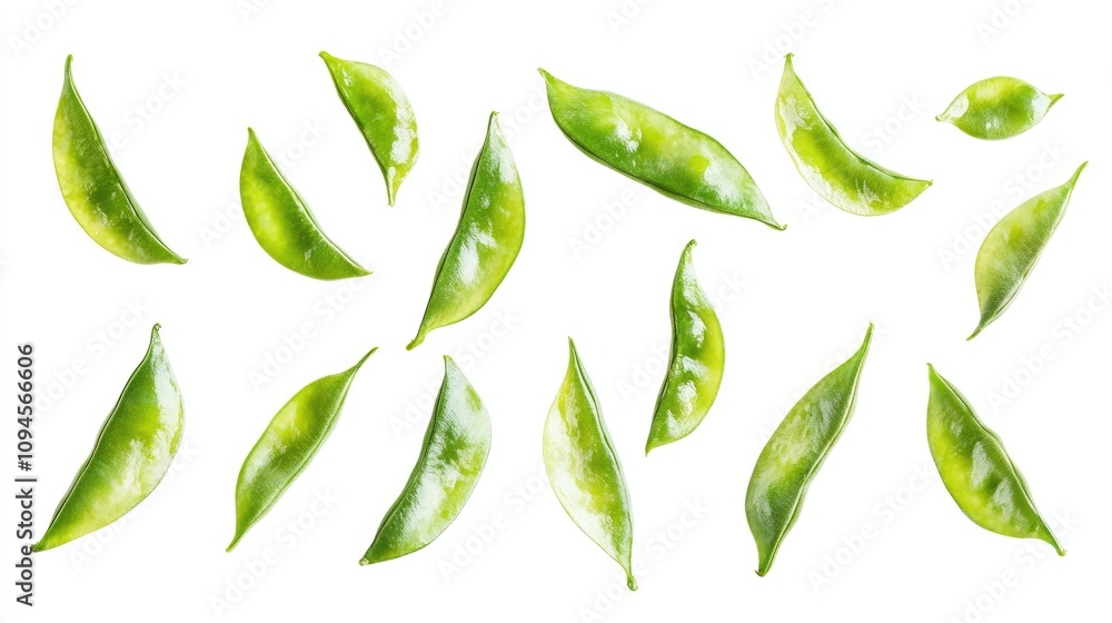 Vibrant fresh green flat beans scattered on a clean white background showcasing their smooth texture and rich color. Vibrant fresh green flat beans scattered on a clean white background showcasing their smooth texture and rich color.