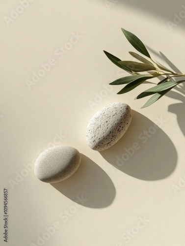 Natural stones and olive branch create an aesthetic minimalist arrangement on...