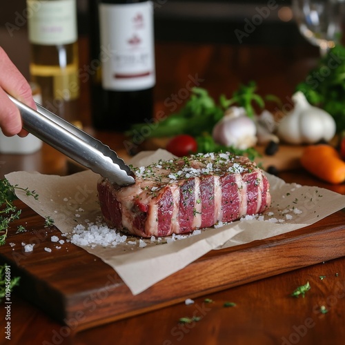 Preparing a flavorful steak with spices and fresh ingredients on a rustic kit...