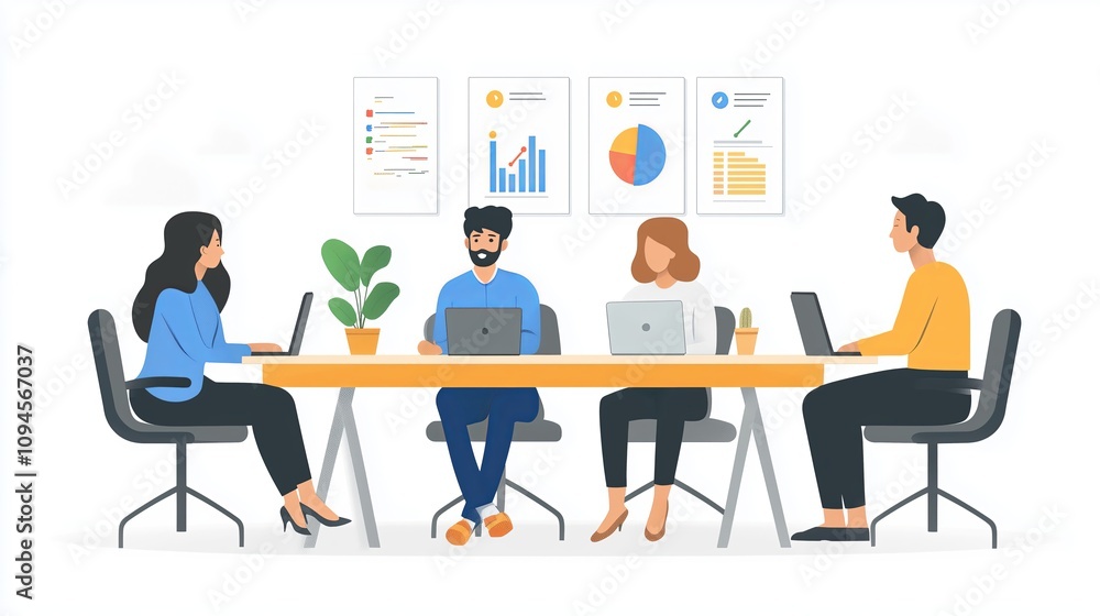 Business team collaborating in modern office with charts and laptops on desk Business team collaborating in modern office with charts and laptops on desk