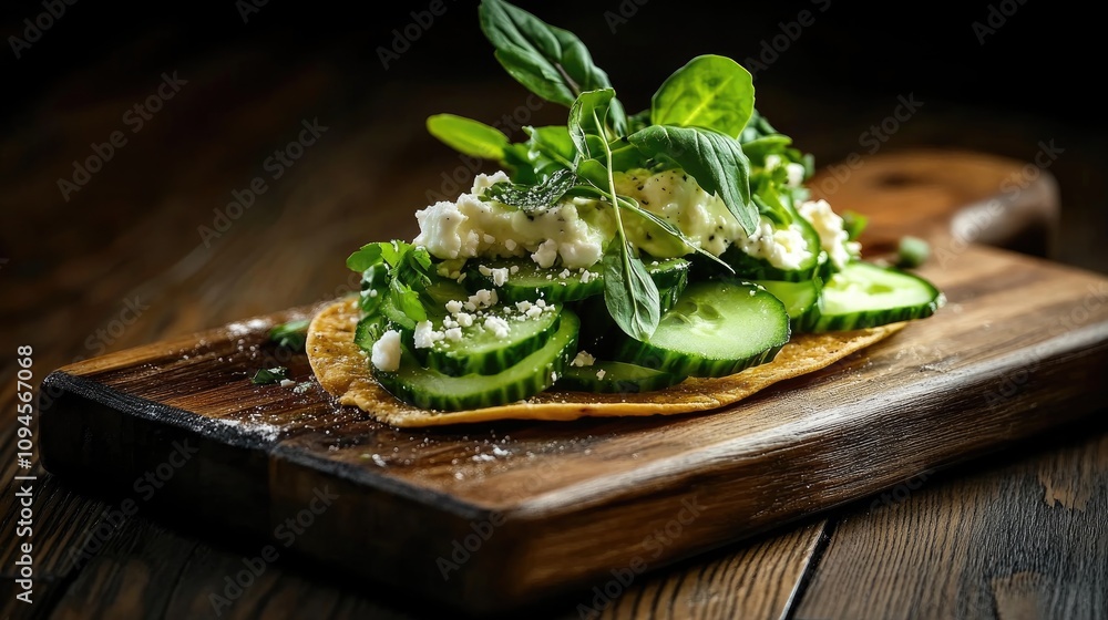 Cucumber and feta tostada topped with creamy avocado spread and fresh herbs on a rustic wooden board. Cucumber and feta tostada topped with creamy avocado spread and fresh herbs on a rustic wooden board.