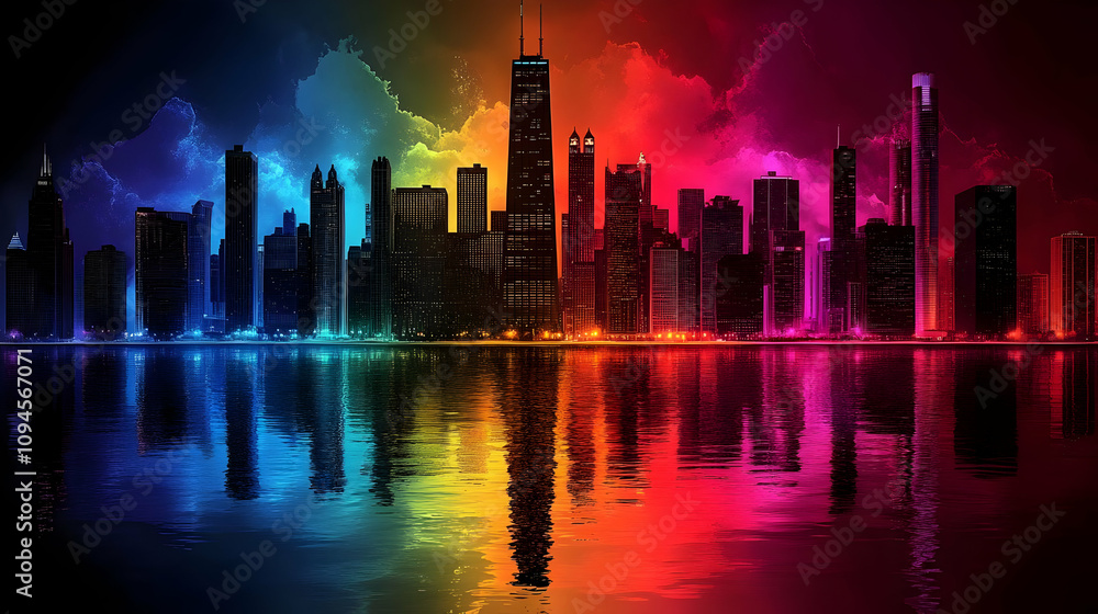 Cityscape Illustration with Rainbow Reflection Cityscape Illustration with Rainbow Reflection