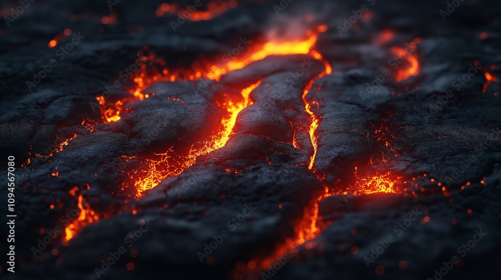 Glowing molten lava flowing between cracked dark volcanic rock surface Glowing molten lava flowing between cracked dark volcanic rock surface