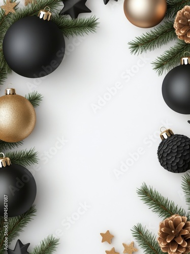 Decorative holiday frame with ornaments and pine branches on a white background