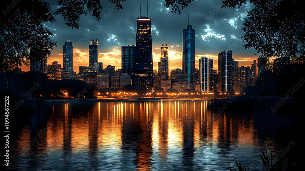 Naklejka premium City Skyline Reflection in Water - Realistic Image