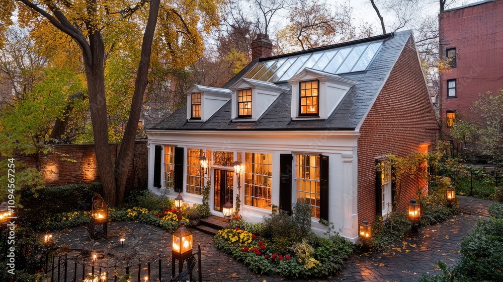 Traditional Victorian sunroom illuminates the garden at dusk, highlighting the warm autumn hues surrounding the English country house Traditional Victorian sunroom illuminates the garden at dusk, highlighting the warm autumn hues surrounding the English country house