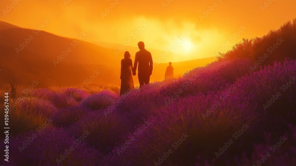 Obraz premium Silhouettes of Couple Walking Amidst Lavender Fields Under Sunset Glow