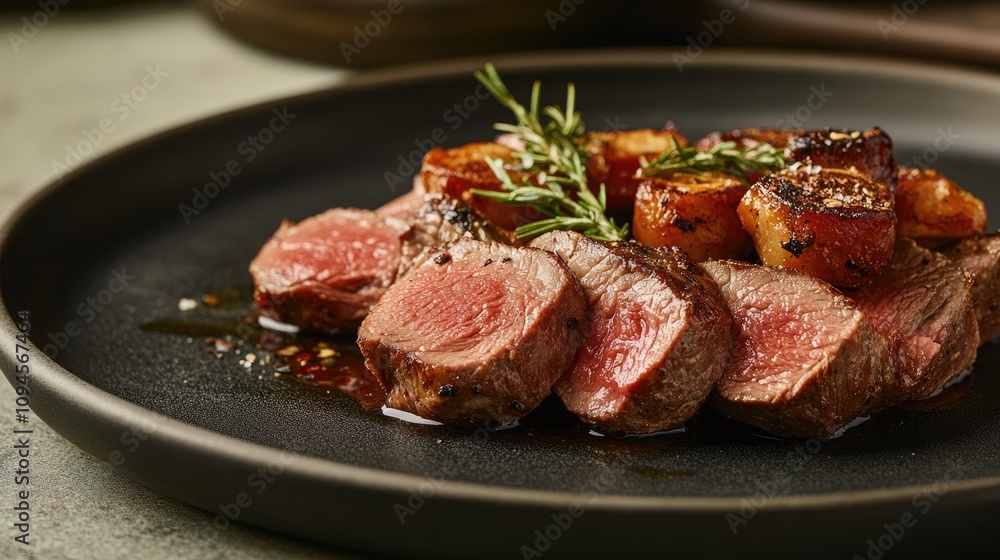 Close-up of tender sliced roasted lamb with a beautifully cooked crust served alongside golden-brown roasted potatoes on a stylish black plate. Close-up of tender sliced roasted lamb with a beautifully cooked crust served alongside golden-brown roasted potatoes on a stylish black plate.