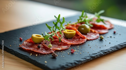 Delicious assortment of cured meats and olives on a slate platter for casual ...