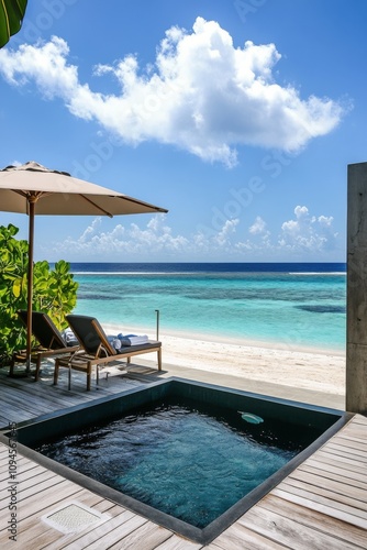 Beautiful tropical patio with ocean view and pool during sunny daytime