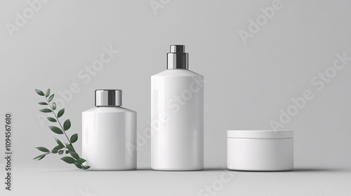 Cosmetic packaging mockup set featuring a sprig of eucalyptus