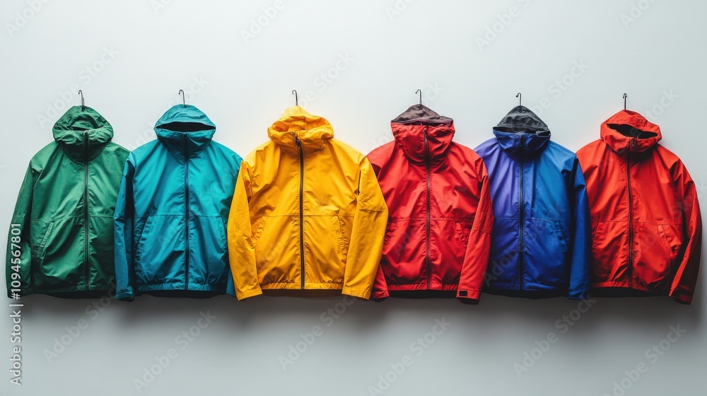 Colorful Hooded Jackets Hanging Against A Wall Colorful Hooded Jackets Hanging Against A Wall
